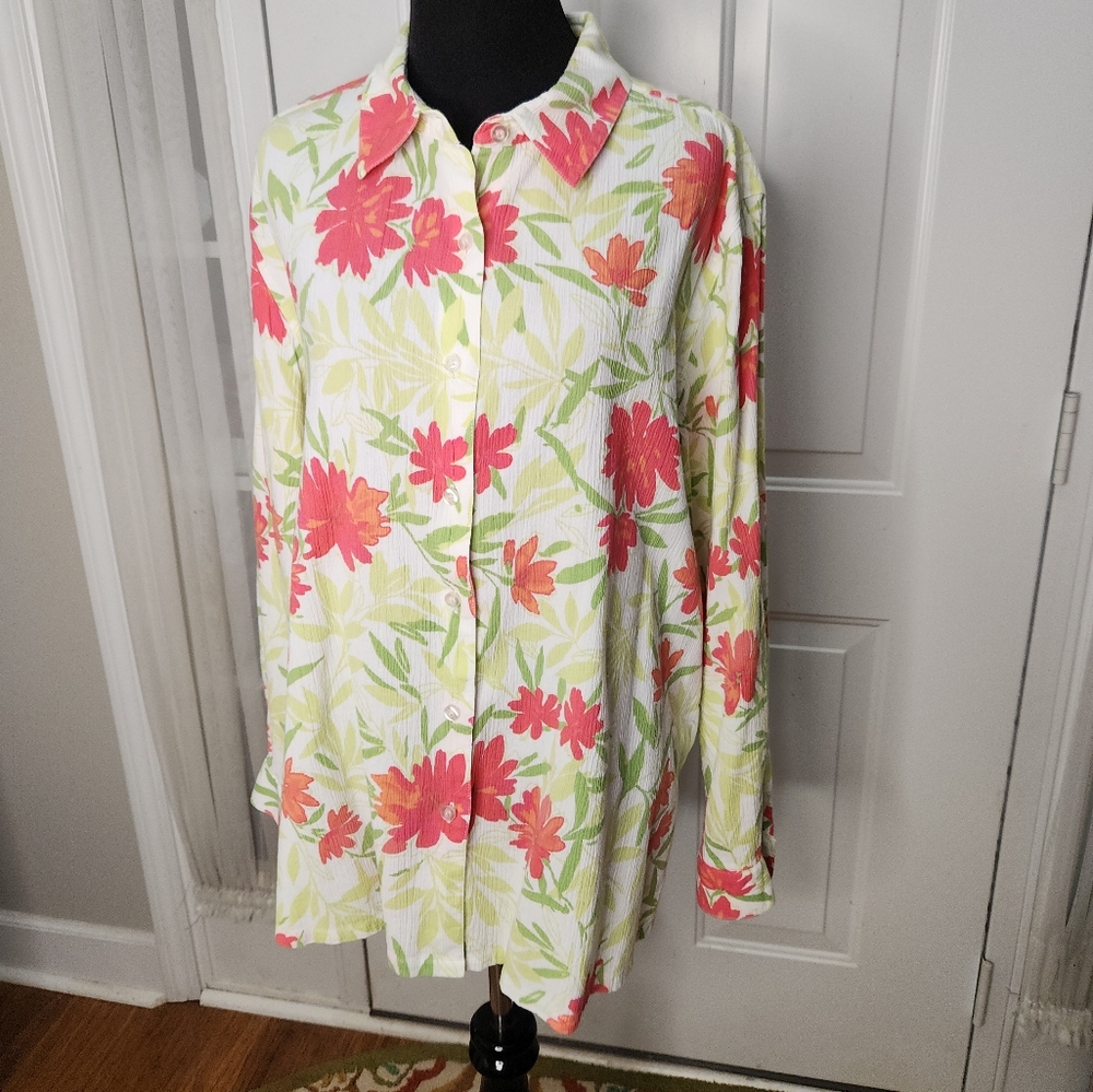 Appleseed's Pink and Green Long Sleeve Button Up Shirt Size XL